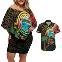 Vanuatu Espiritu Santo Island Couples Matching Off Shoulder Short Dress and Hawaiian Shirt Beach Landscape LT05 Black - Polynesian Pride