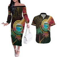 Vanuatu Espiritu Santo Island Couples Matching Off The Shoulder Long Sleeve Dress and Hawaiian Shirt Beach Landscape LT05 Black - Polynesian Pride