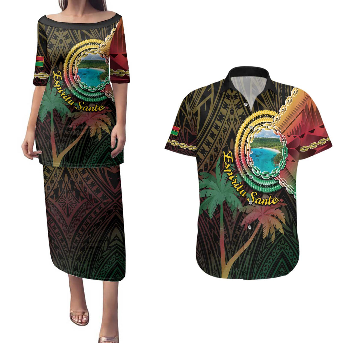Vanuatu Espiritu Santo Island Couples Matching Puletasi and Hawaiian Shirt Beach Landscape