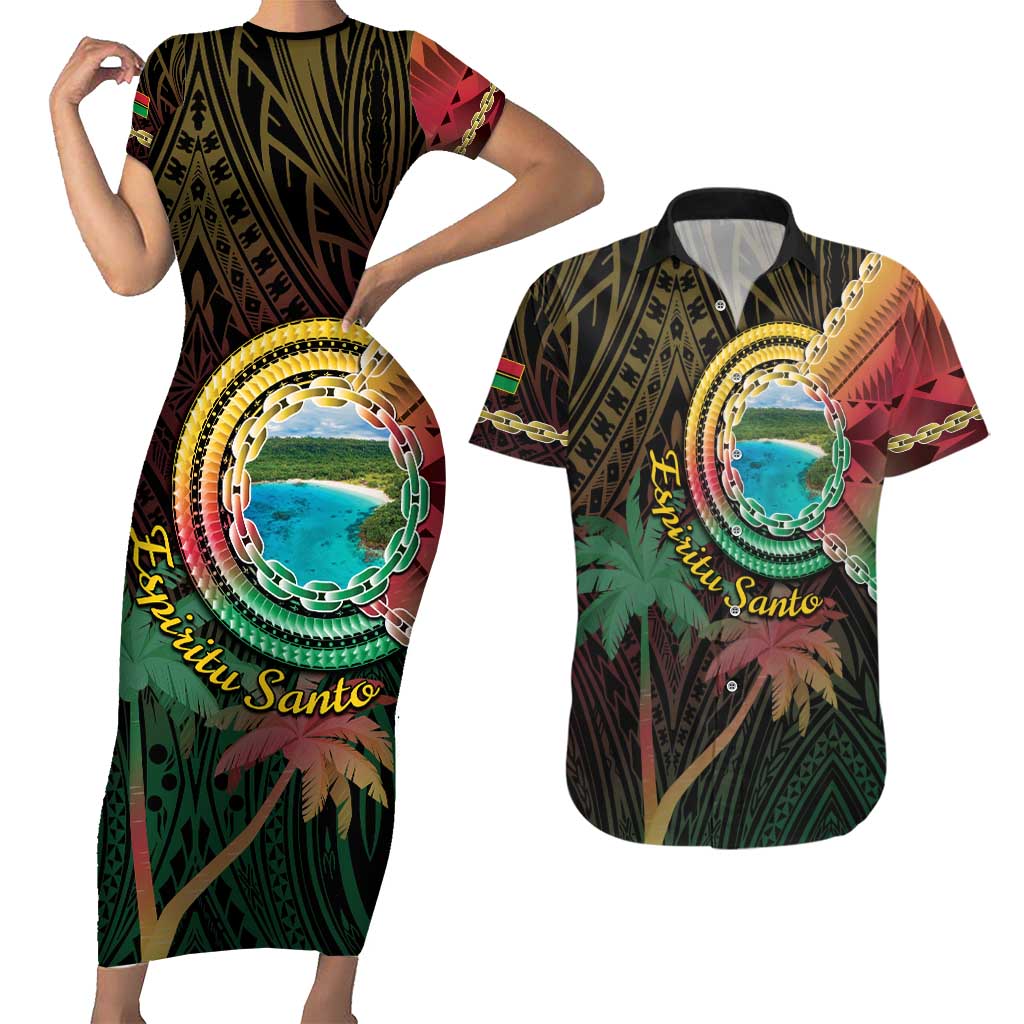 Vanuatu Espiritu Santo Island Couples Matching Short Sleeve Bodycon Dress and Hawaiian Shirt Beach Landscape LT05 Black - Polynesian Pride
