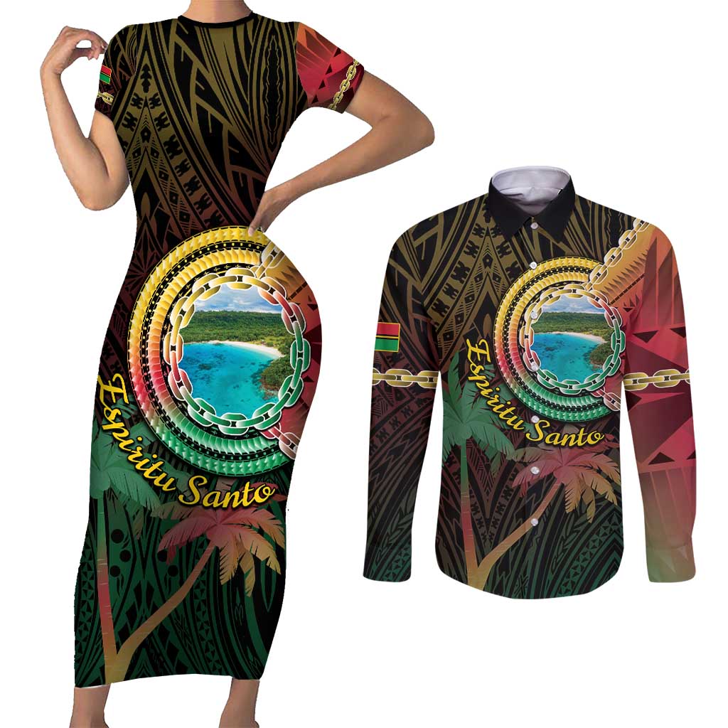 Vanuatu Espiritu Santo Island Couples Matching Short Sleeve Bodycon Dress and Long Sleeve Button Shirt Beach Landscape LT05 Black - Polynesian Pride