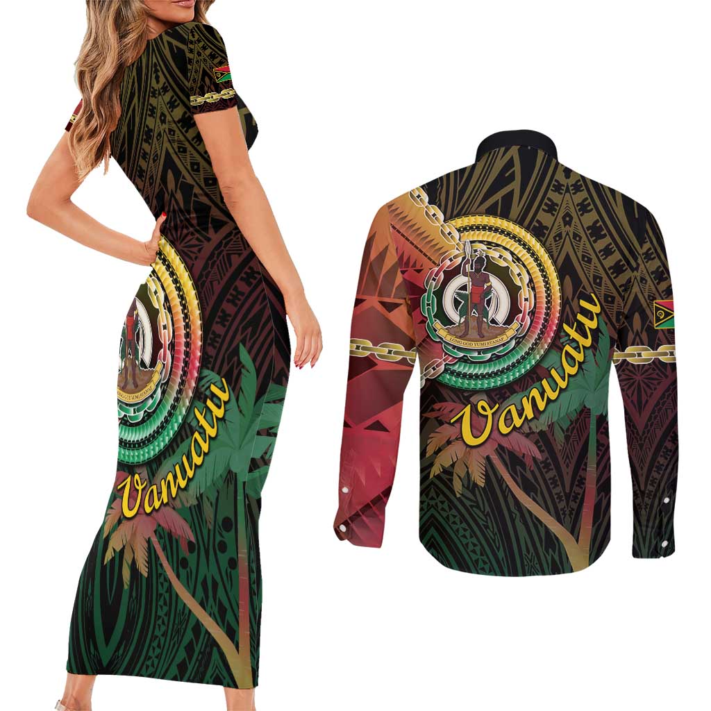 Vanuatu Espiritu Santo Island Couples Matching Short Sleeve Bodycon Dress and Long Sleeve Button Shirt Beach Landscape LT05 - Polynesian Pride