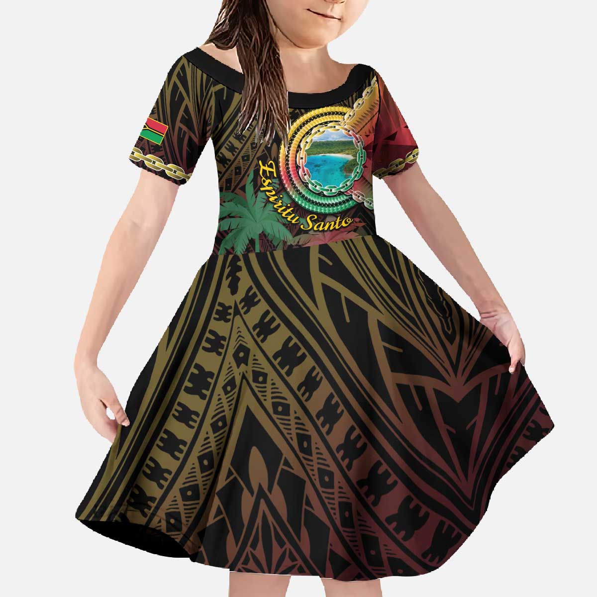 Vanuatu Espiritu Santo Island Family Matching Off The Shoulder Long Sleeve Dress and Hawaiian Shirt Beach Landscape LT05 Daughter's Dress Black - Polynesian Pride