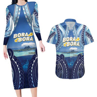 Personalised French Polynesia Bora Bora Couples Matching Long Sleeve Bodycon Dress and Hawaiian Shirt Beach Landscape Polynesian Style LT05 Blue - Polynesian Pride