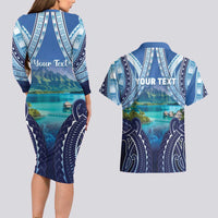 Personalised French Polynesia Bora Bora Couples Matching Long Sleeve Bodycon Dress and Hawaiian Shirt Beach Landscape Polynesian Style LT05 - Polynesian Pride