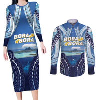 Personalised French Polynesia Bora Bora Couples Matching Long Sleeve Bodycon Dress and Long Sleeve Button Shirt Beach Landscape Polynesian Style LT05 Blue - Polynesian Pride