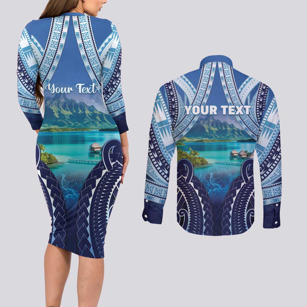 Personalised French Polynesia Bora Bora Couples Matching Long Sleeve Bodycon Dress and Long Sleeve Button Shirt Beach Landscape Polynesian Style LT05 - Polynesian Pride