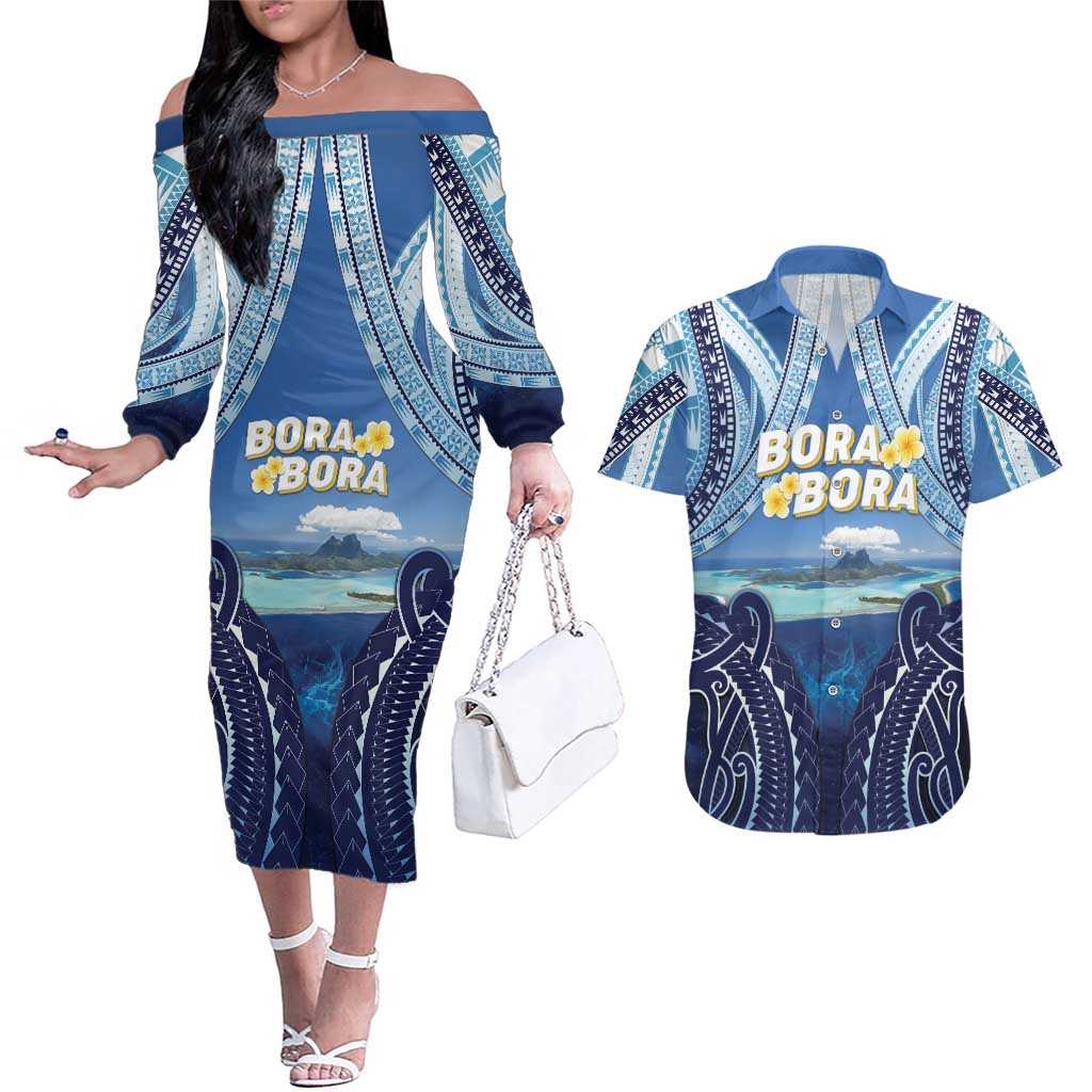 Personalised French Polynesia Bora Bora Couples Matching Off The Shoulder Long Sleeve Dress and Hawaiian Shirt Beach Landscape Polynesian Style LT05 Blue - Polynesian Pride