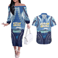 Personalised French Polynesia Bora Bora Couples Matching Off The Shoulder Long Sleeve Dress and Hawaiian Shirt Beach Landscape Polynesian Style LT05 Blue - Polynesian Pride