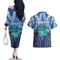 Personalised French Polynesia Bora Bora Couples Matching Off The Shoulder Long Sleeve Dress and Hawaiian Shirt Beach Landscape Polynesian Style LT05 - Polynesian Pride