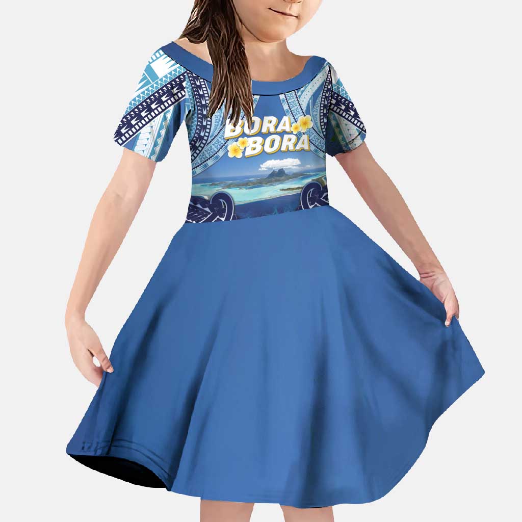 Personalised French Polynesia Bora Bora Family Matching Long Sleeve Bodycon Dress and Hawaiian Shirt Beach Landscape Polynesian Style LT05 Daughter's Dress Blue - Polynesian Pride