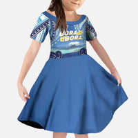 Personalised French Polynesia Bora Bora Family Matching Off The Shoulder Long Sleeve Dress and Hawaiian Shirt Beach Landscape Polynesian Style LT05 Daughter's Dress Blue - Polynesian Pride