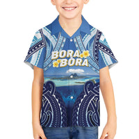 Personalised French Polynesia Bora Bora Family Matching Off The Shoulder Long Sleeve Dress and Hawaiian Shirt Beach Landscape Polynesian Style LT05 Son's Shirt Blue - Polynesian Pride