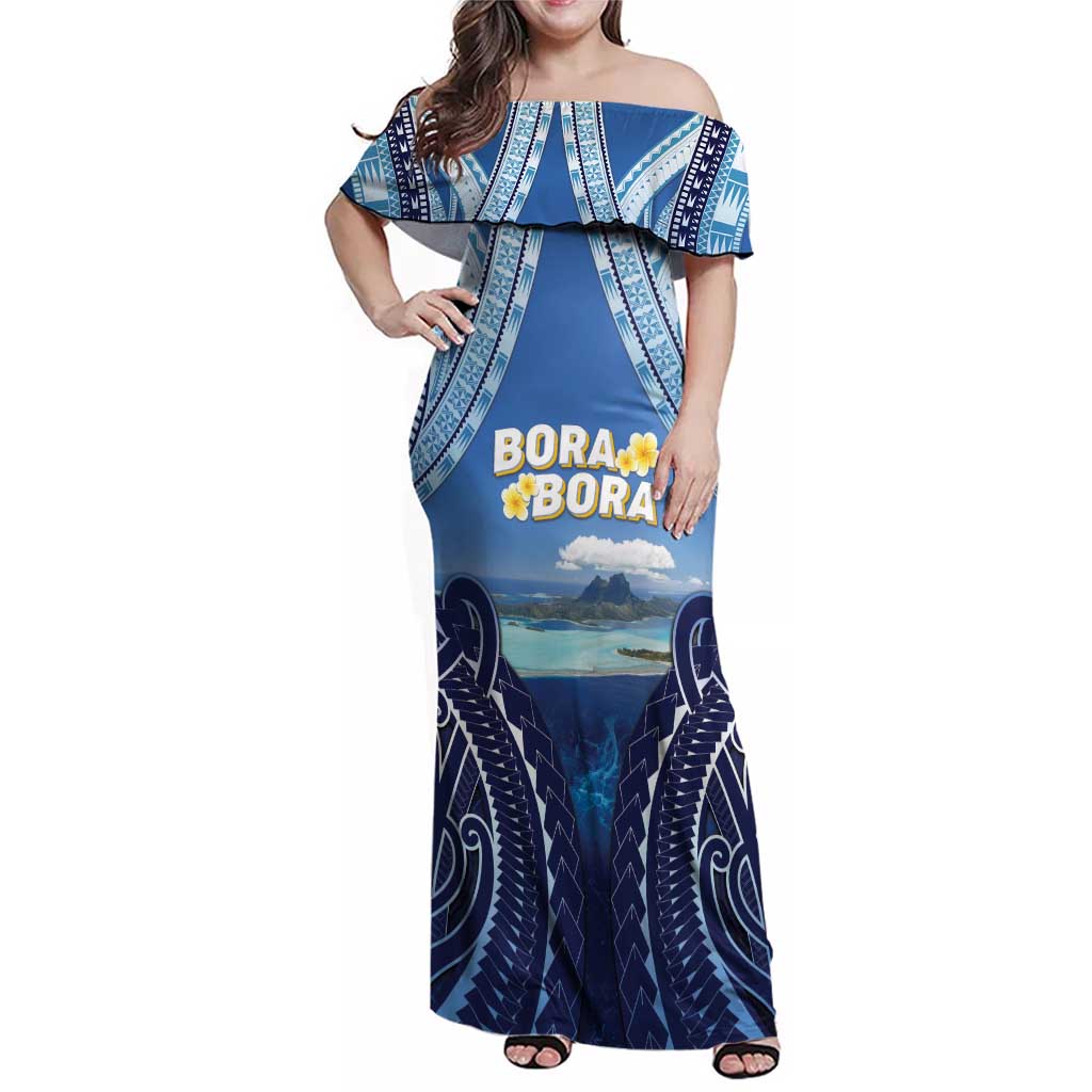 Personalised French Polynesia Bora Bora Family Matching Off Shoulder Maxi Dress and Hawaiian Shirt Beach Landscape Polynesian Style LT05 Mom's Dress Blue - Polynesian Pride