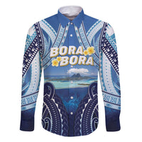 Personalised French Polynesia Bora Bora Family Matching Off Shoulder Short Dress and Hawaiian Shirt Beach Landscape Polynesian Style LT05 Dad's Shirt - Long Sleeve Blue - Polynesian Pride