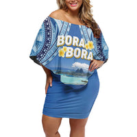 Personalised French Polynesia Bora Bora Family Matching Off Shoulder Short Dress and Hawaiian Shirt Beach Landscape Polynesian Style LT05 Mom's Dress Blue - Polynesian Pride
