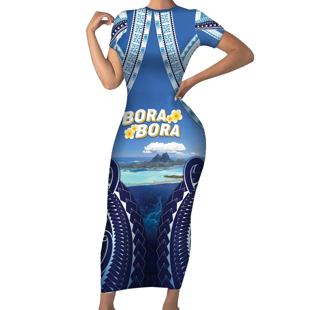 Personalised French Polynesia Bora Bora Family Matching Short Sleeve Bodycon Dress and Hawaiian Shirt Beach Landscape Polynesian Style LT05 Mom's Dress Blue - Polynesian Pride