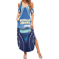 Personalised French Polynesia Bora Bora Family Matching Summer Maxi Dress and Hawaiian Shirt Beach Landscape Polynesian Style LT05 Mom's Dress Blue - Polynesian Pride