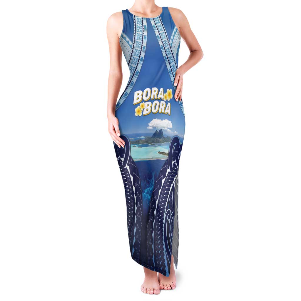 Personalised French Polynesia Bora Bora Family Matching Tank Maxi Dress and Hawaiian Shirt Beach Landscape Polynesian Style LT05 Mom's Dress Blue - Polynesian Pride
