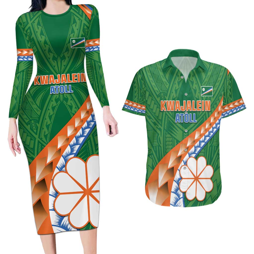 Personalised Marshall Islands Kwajalein Atoll Couples Matching Long Sleeve Bodycon Dress and Hawaiian Shirt Polynesian Tribal Tattoo LT05 Green - Polynesian Pride