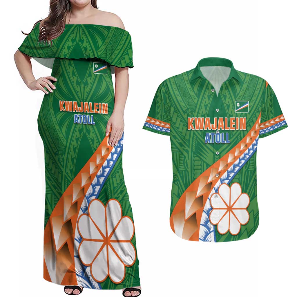 Personalised Marshall Islands Kwajalein Atoll Couples Matching Off Shoulder Maxi Dress and Hawaiian Shirt Polynesian Tribal Tattoo LT05 Green - Polynesian Pride