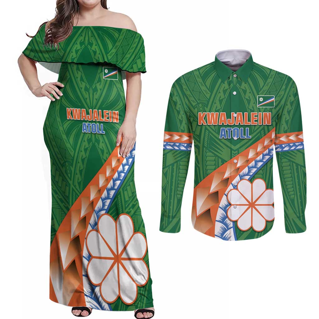 Personalised Marshall Islands Kwajalein Atoll Couples Matching Off Shoulder Maxi Dress and Long Sleeve Button Shirt Polynesian Tribal Tattoo LT05 Green - Polynesian Pride