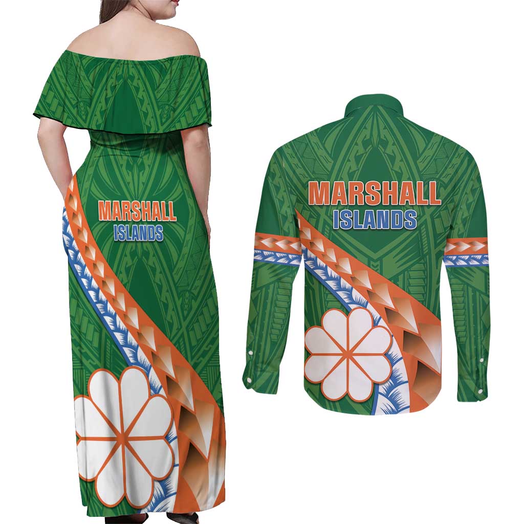 Personalised Marshall Islands Kwajalein Atoll Couples Matching Off Shoulder Maxi Dress and Long Sleeve Button Shirt Polynesian Tribal Tattoo LT05 - Polynesian Pride