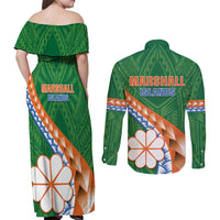 Personalised Marshall Islands Kwajalein Atoll Couples Matching Off Shoulder Maxi Dress and Long Sleeve Button Shirt Polynesian Tribal Tattoo LT05 - Polynesian Pride