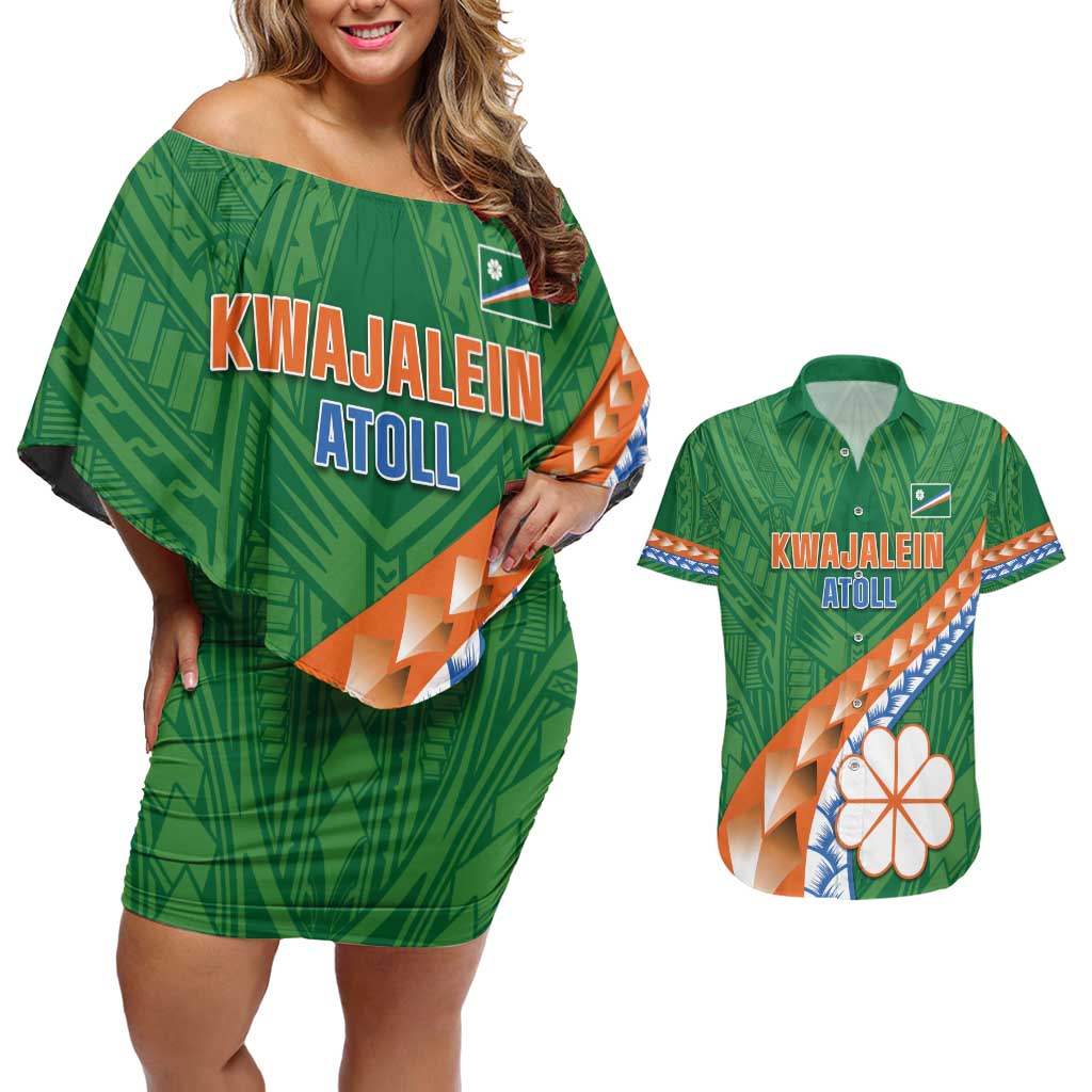 Personalised Marshall Islands Kwajalein Atoll Couples Matching Off Shoulder Short Dress and Hawaiian Shirt Polynesian Tribal Tattoo LT05 Green - Polynesian Pride