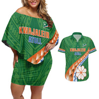 Personalised Marshall Islands Kwajalein Atoll Couples Matching Off Shoulder Short Dress and Hawaiian Shirt Polynesian Tribal Tattoo LT05 Green - Polynesian Pride