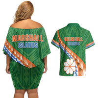 Personalised Marshall Islands Kwajalein Atoll Couples Matching Off Shoulder Short Dress and Hawaiian Shirt Polynesian Tribal Tattoo LT05 - Polynesian Pride