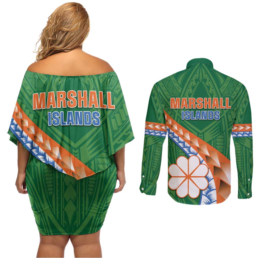 Personalised Marshall Islands Kwajalein Atoll Couples Matching Off Shoulder Short Dress and Long Sleeve Button Shirt Polynesian Tribal Tattoo LT05 - Polynesian Pride