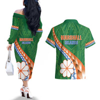 Personalised Marshall Islands Kwajalein Atoll Couples Matching Off The Shoulder Long Sleeve Dress and Hawaiian Shirt Polynesian Tribal Tattoo LT05 - Polynesian Pride