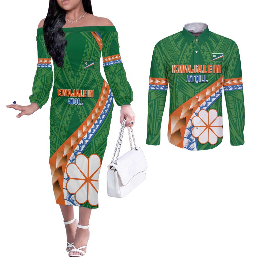 Personalised Marshall Islands Kwajalein Atoll Couples Matching Off The Shoulder Long Sleeve Dress and Long Sleeve Button Shirt Polynesian Tribal Tattoo LT05 Green - Polynesian Pride