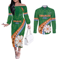 Personalised Marshall Islands Kwajalein Atoll Couples Matching Off The Shoulder Long Sleeve Dress and Long Sleeve Button Shirt Polynesian Tribal Tattoo LT05 Green - Polynesian Pride