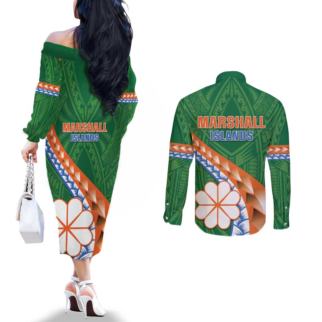 Personalised Marshall Islands Kwajalein Atoll Couples Matching Off The Shoulder Long Sleeve Dress and Long Sleeve Button Shirt Polynesian Tribal Tattoo LT05 - Polynesian Pride