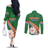 Personalised Marshall Islands Kwajalein Atoll Couples Matching Off The Shoulder Long Sleeve Dress and Long Sleeve Button Shirt Polynesian Tribal Tattoo LT05 - Polynesian Pride