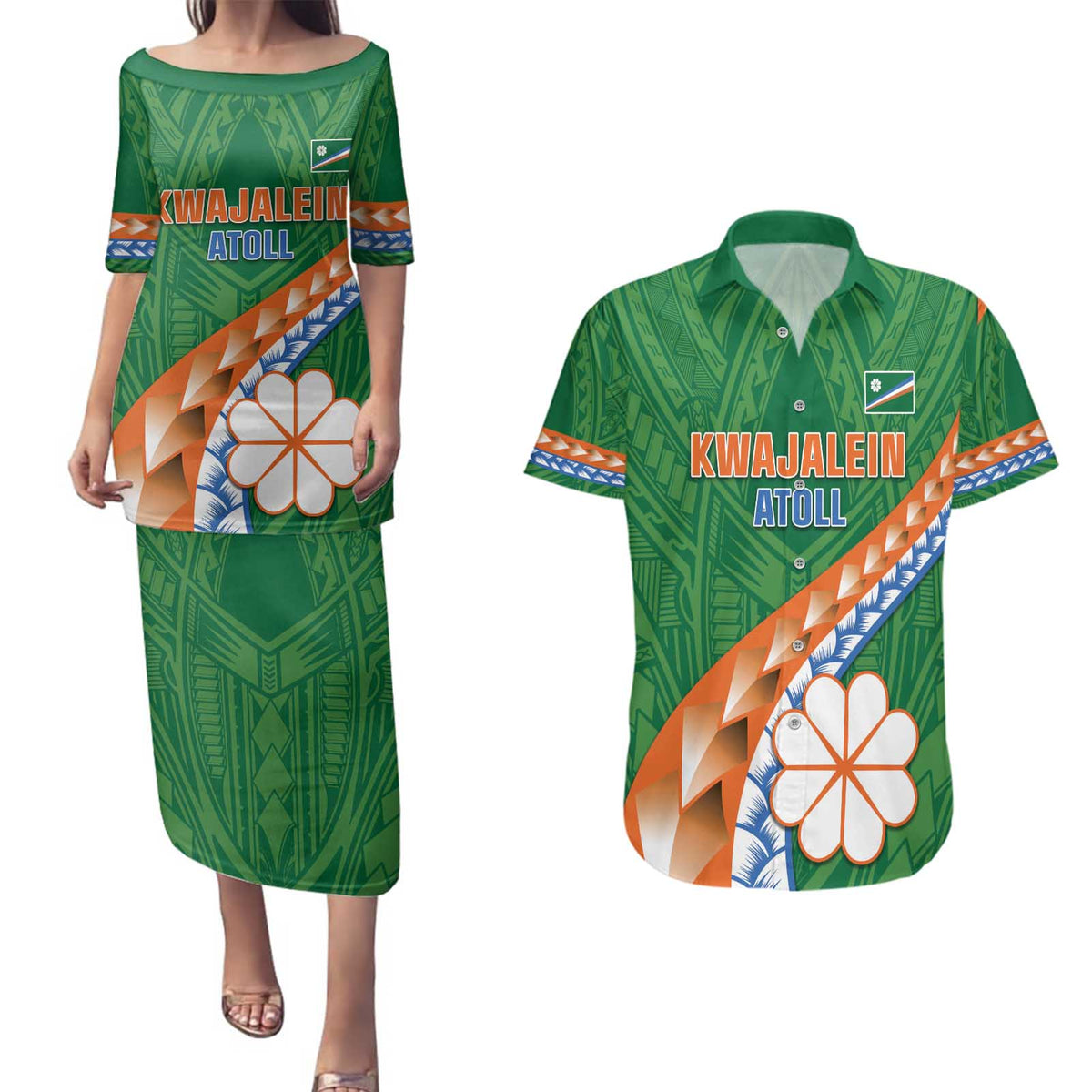 Personalised Marshall Islands Kwajalein Atoll Couples Matching Puletasi and Hawaiian Shirt Polynesian Tribal Tattoo LT05 Green - Polynesian Pride