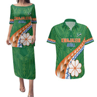Personalised Marshall Islands Kwajalein Atoll Couples Matching Puletasi and Hawaiian Shirt Polynesian Tribal Tattoo LT05 Green - Polynesian Pride