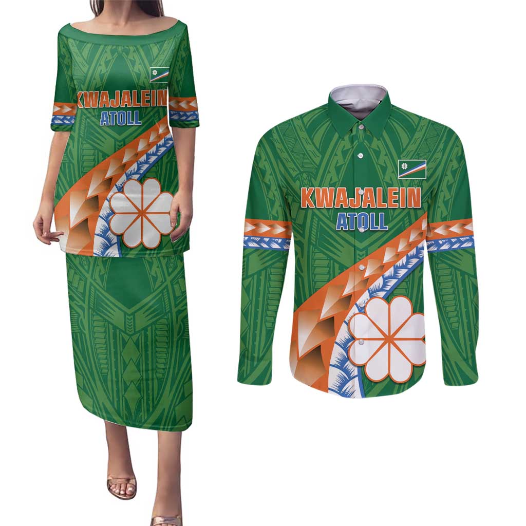 Personalised Marshall Islands Kwajalein Atoll Couples Matching Puletasi and Long Sleeve Button Shirt Polynesian Tribal Tattoo LT05 Green - Polynesian Pride