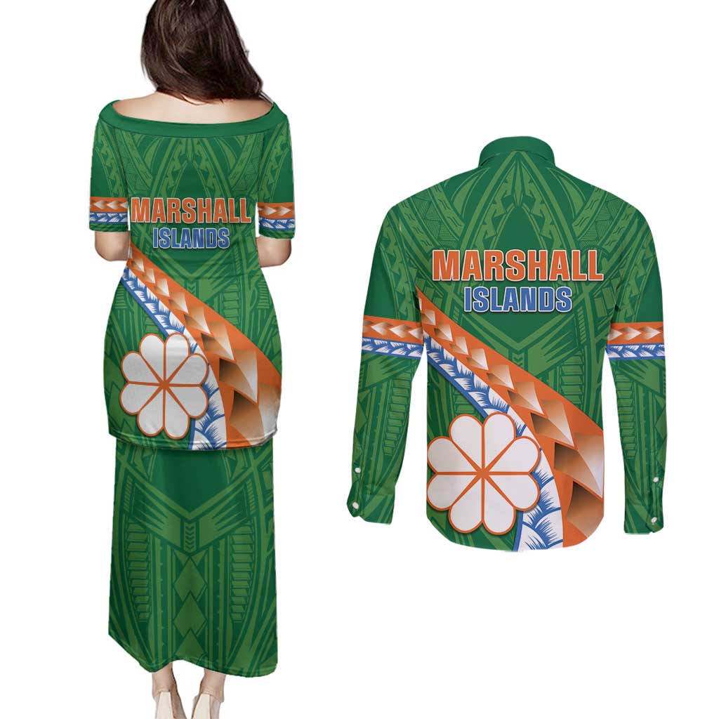 Personalised Marshall Islands Kwajalein Atoll Couples Matching Puletasi and Long Sleeve Button Shirt Polynesian Tribal Tattoo LT05 - Polynesian Pride