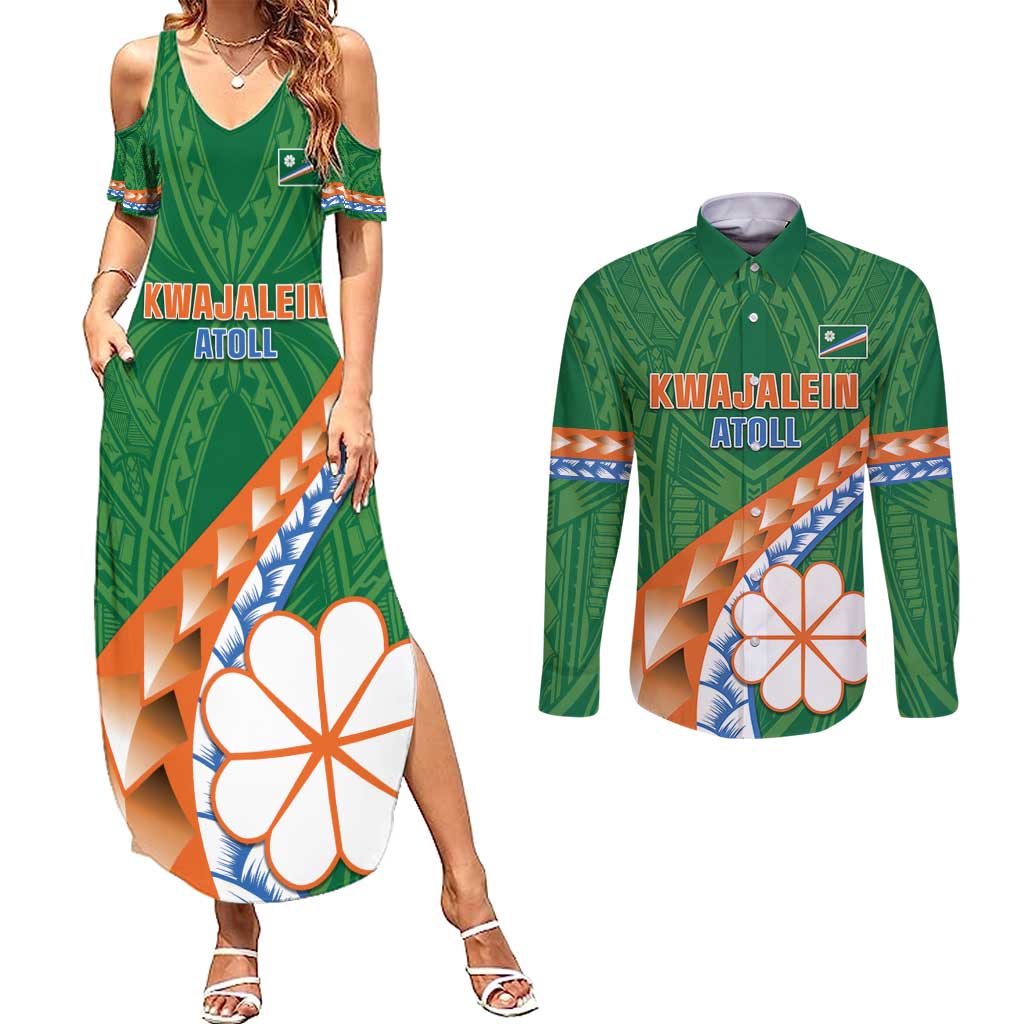 Personalised Marshall Islands Kwajalein Atoll Couples Matching Summer Maxi Dress and Long Sleeve Button Shirt Polynesian Tribal Tattoo LT05 Green - Polynesian Pride