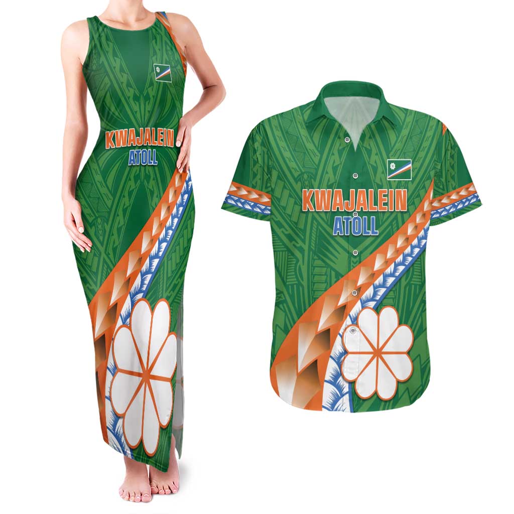 Personalised Marshall Islands Kwajalein Atoll Couples Matching Tank Maxi Dress and Hawaiian Shirt Polynesian Tribal Tattoo LT05 Green - Polynesian Pride