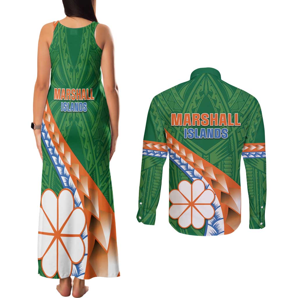 Personalised Marshall Islands Kwajalein Atoll Couples Matching Tank Maxi Dress and Long Sleeve Button Shirt Polynesian Tribal Tattoo LT05 - Polynesian Pride
