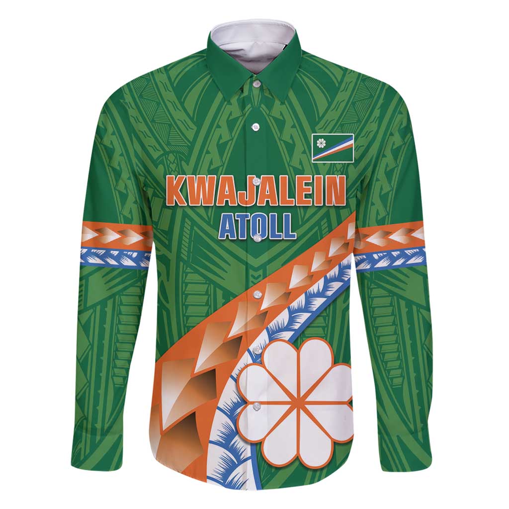 Personalised Marshall Islands Kwajalein Atoll Family Matching Long Sleeve Bodycon Dress and Hawaiian Shirt Polynesian Tribal Tattoo LT05 Dad's Shirt - Long Sleeve Green - Polynesian Pride