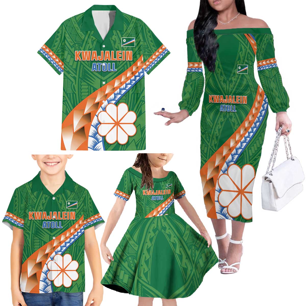 Personalised Marshall Islands Kwajalein Atoll Family Matching Off The Shoulder Long Sleeve Dress and Hawaiian Shirt Polynesian Tribal Tattoo LT05 - Polynesian Pride