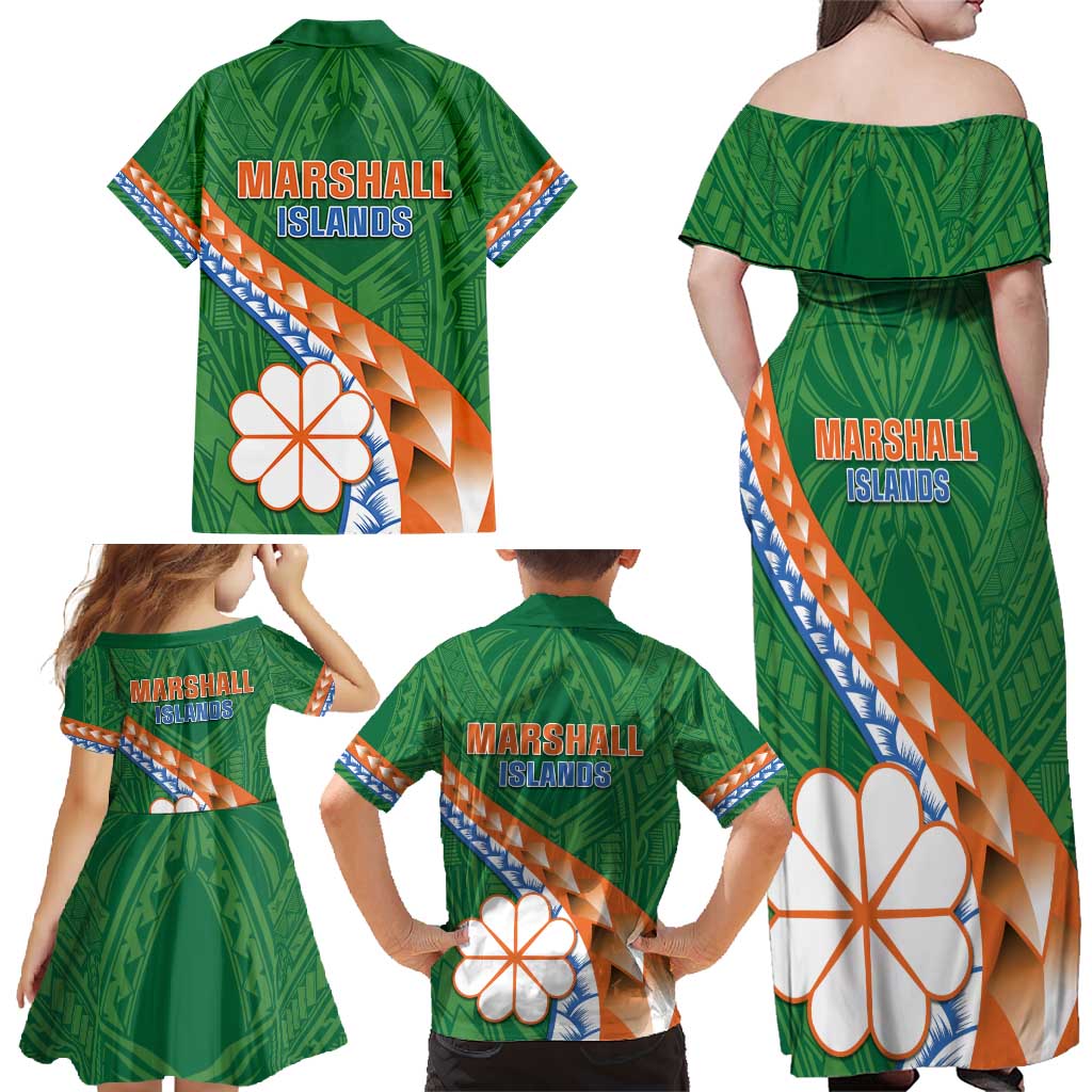 Personalised Marshall Islands Kwajalein Atoll Family Matching Off Shoulder Maxi Dress and Hawaiian Shirt Polynesian Tribal Tattoo LT05 - Polynesian Pride