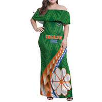 Personalised Marshall Islands Kwajalein Atoll Family Matching Off Shoulder Maxi Dress and Hawaiian Shirt Polynesian Tribal Tattoo LT05 Mom's Dress Green - Polynesian Pride