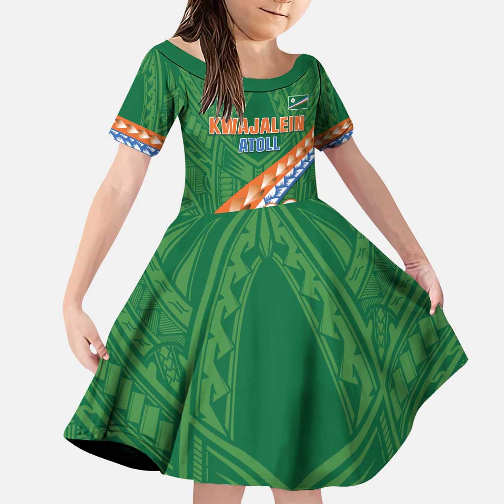 Personalised Marshall Islands Kwajalein Atoll Family Matching Puletasi and Hawaiian Shirt Polynesian Tribal Tattoo LT05 Daughter's Dress Green - Polynesian Pride