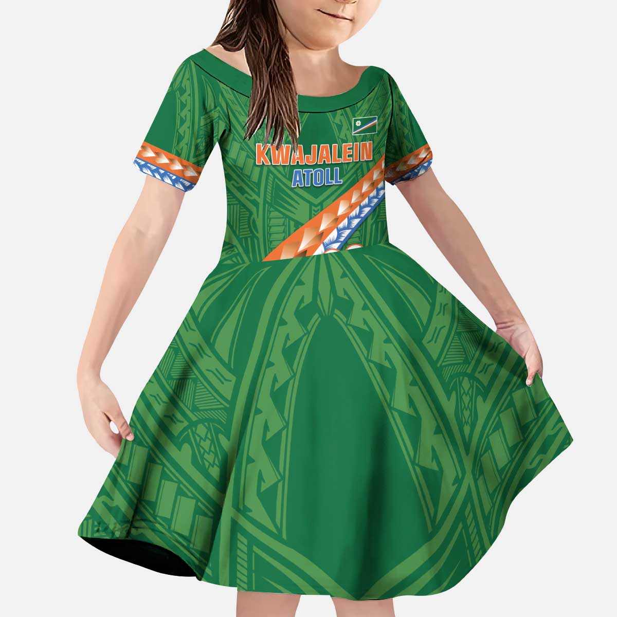 Personalised Marshall Islands Kwajalein Atoll Kid Short Sleeve Dress Polynesian Tribal Tattoo LT05 KID Green - Polynesian Pride